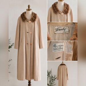 Vintage 1950s Camel/Tan Cashmere Swing Coat Mink Collar Midi Overcoat